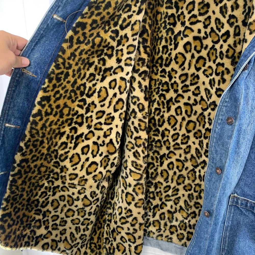 Braefair Denim Jacket Womens 1X Blue Leopard Faux Fur Lined Chore Coat Vintage - Picture 3 of 12